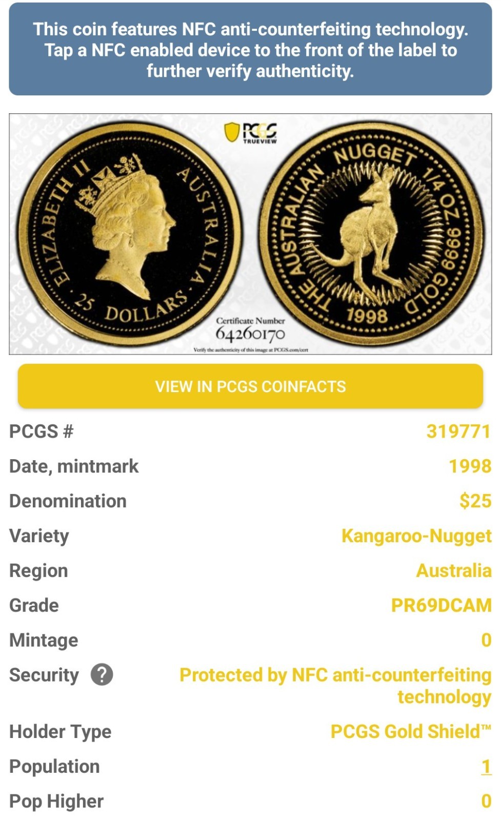1998 Australia Proof $25 ~ 1/4 oz .9999 Gold ~ Kangaroo/Nugget ~ PCGS PR69 DCAM