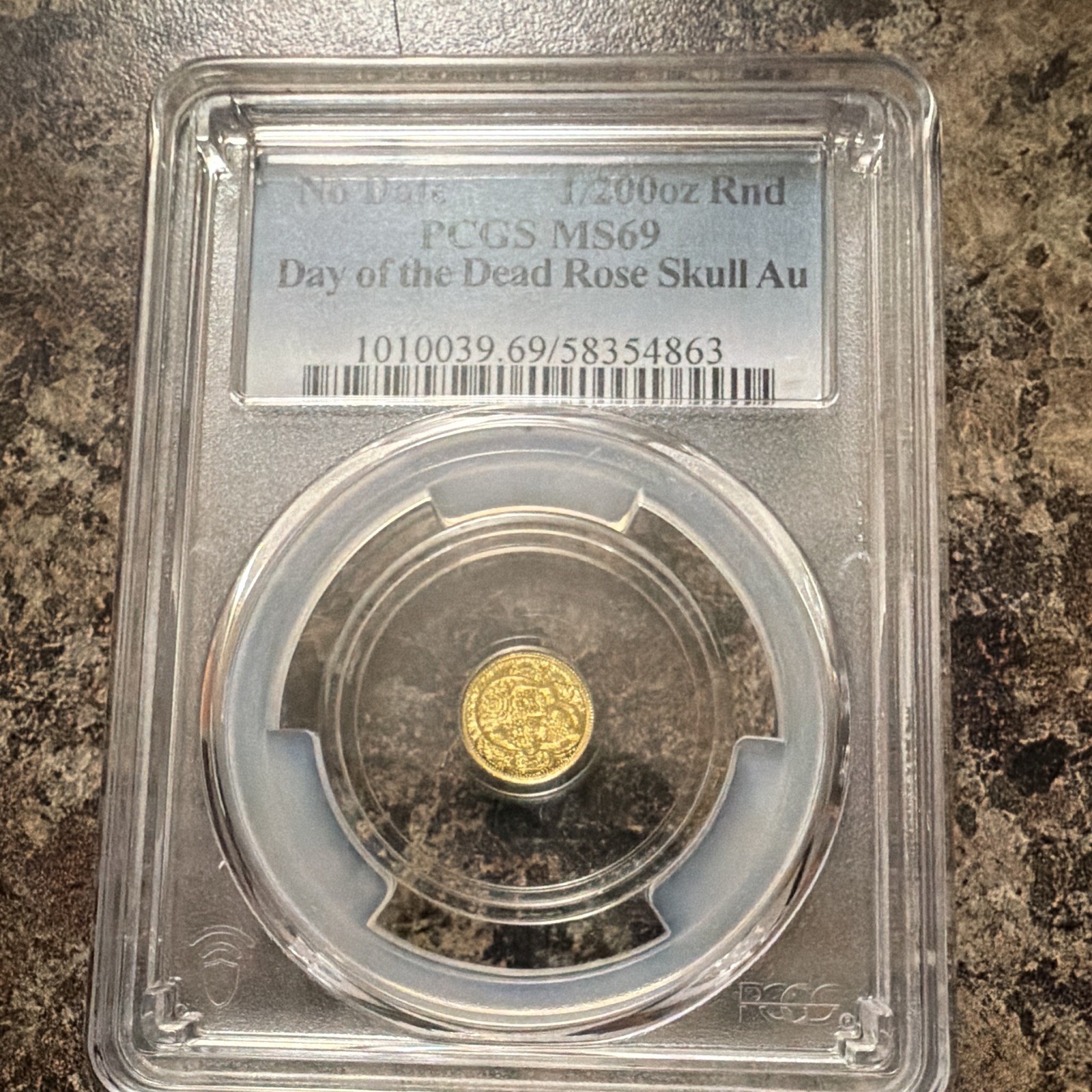 PCGS MS69 Day of the Dead Rose Skull 1/200 oz Gold Round Au Cert#58354863