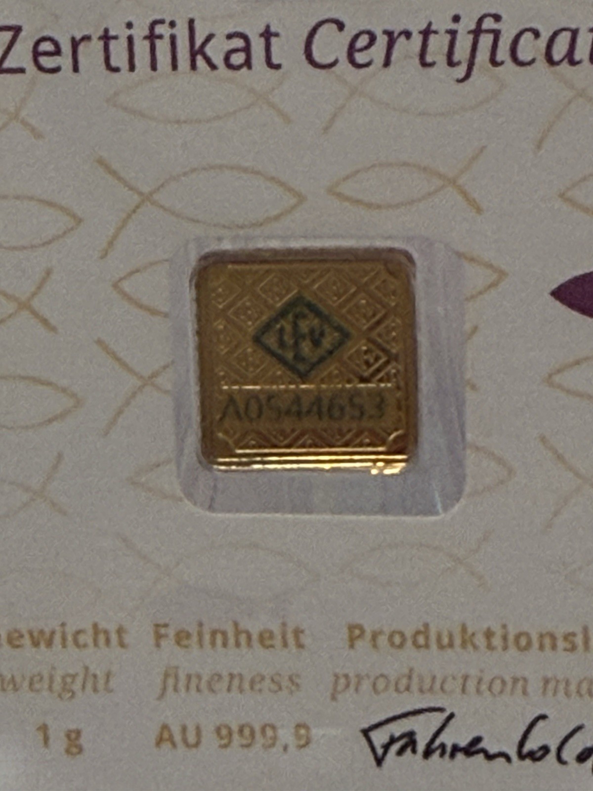 Geiger Edelmetalle 1g Gold Bar Purple Religious Fish Assay .9999 Fine