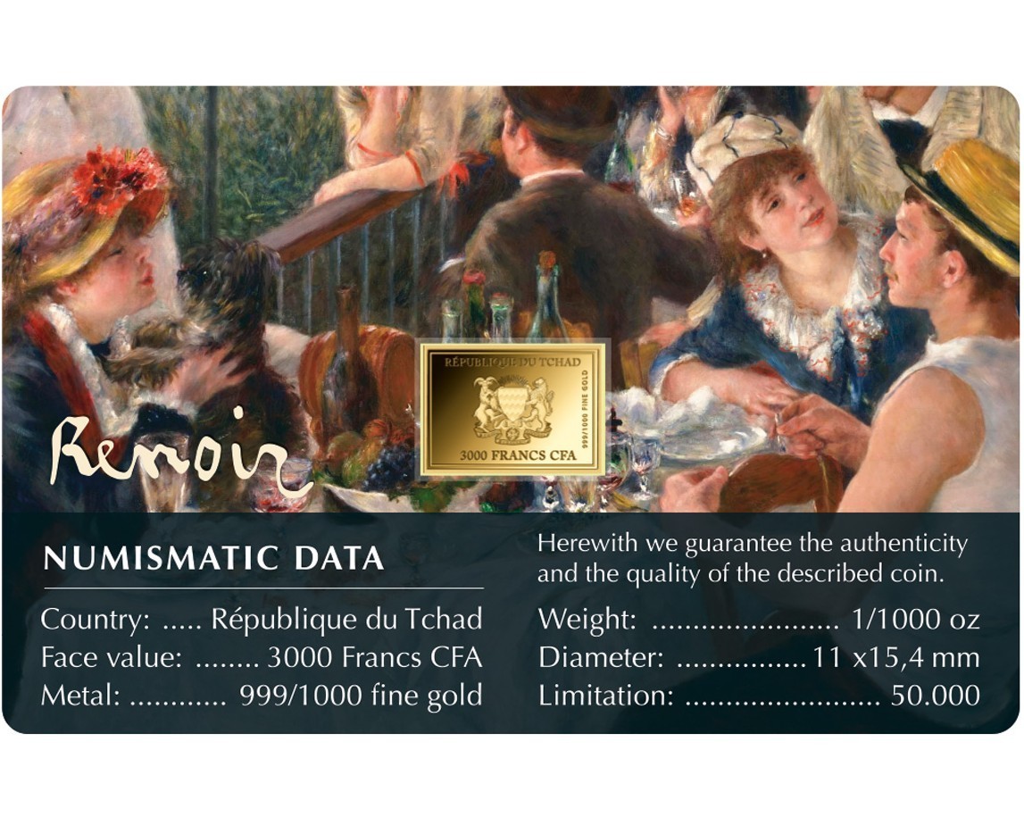 Renoir The Rowers Breakfast 1/1000 Oz Gold 999 Coin card Chad 2024