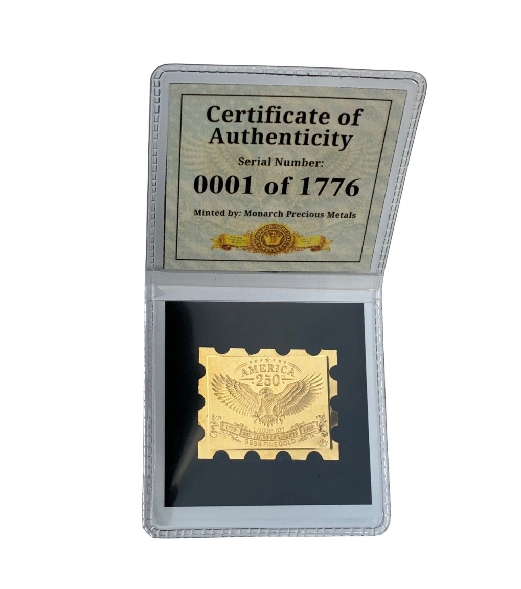1/100 oz .9999 Fine Gold Bar America’s 250th Anniversary Gold Stamp -Limited-