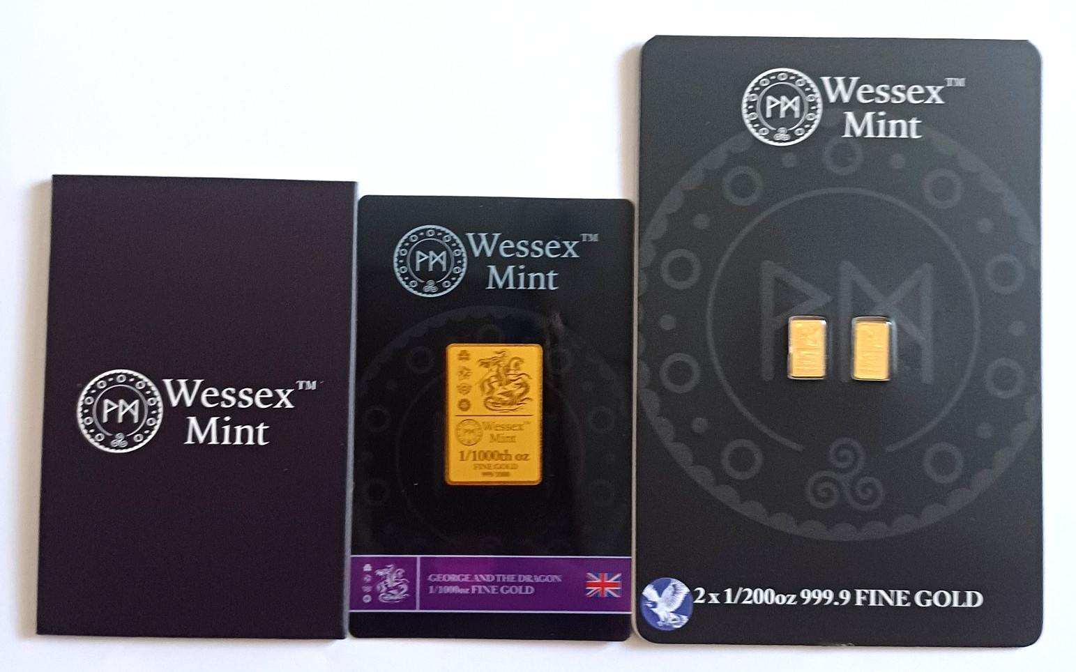 Wessex Mint 1/1000oz George & the Dragon & 2 x 1/200oz Eagle Fine 999 Gold Bars