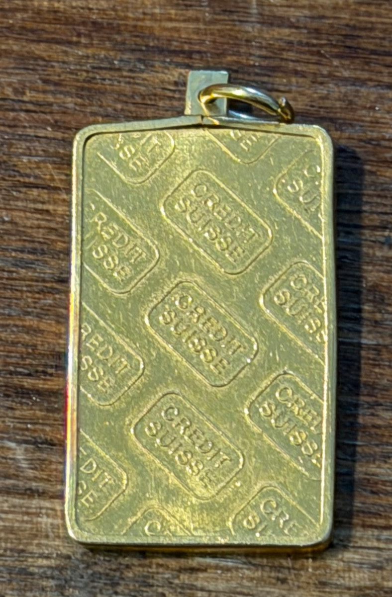 Vintage Credit Suisse 10gm .9999 Gold Bar in 14kt Yellow Gold Pendant 4mm Bale