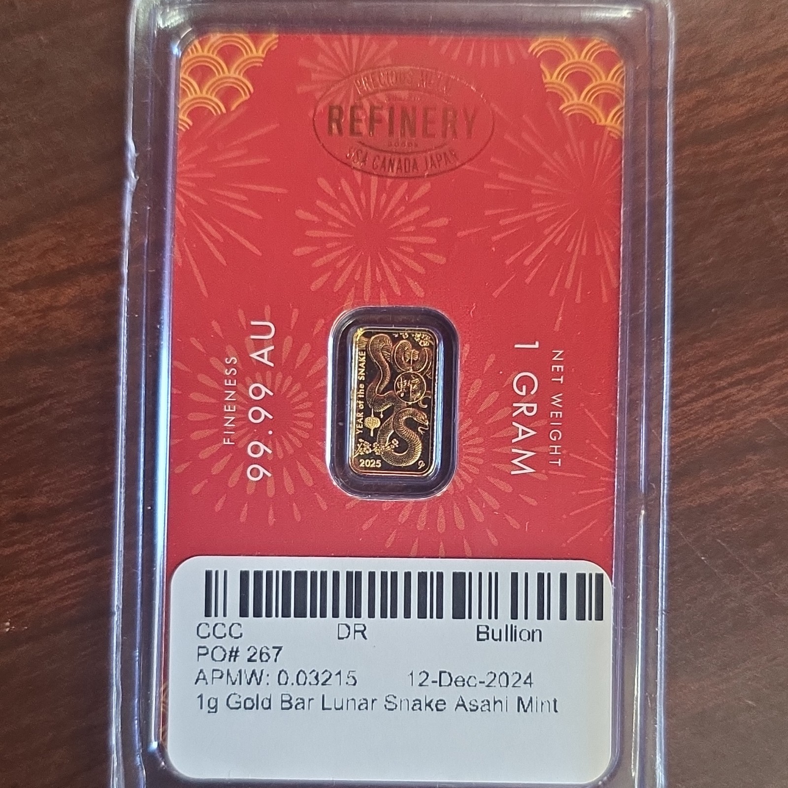 Asahi Refining 1g Gold Bar .9999 Fine Lunar Calendar Series Snake 2025 Assay