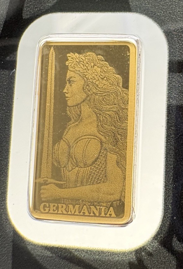 Germania Mint 1/200oz Gold Lady Germania Proof Bar W/ Safepack Assay Card