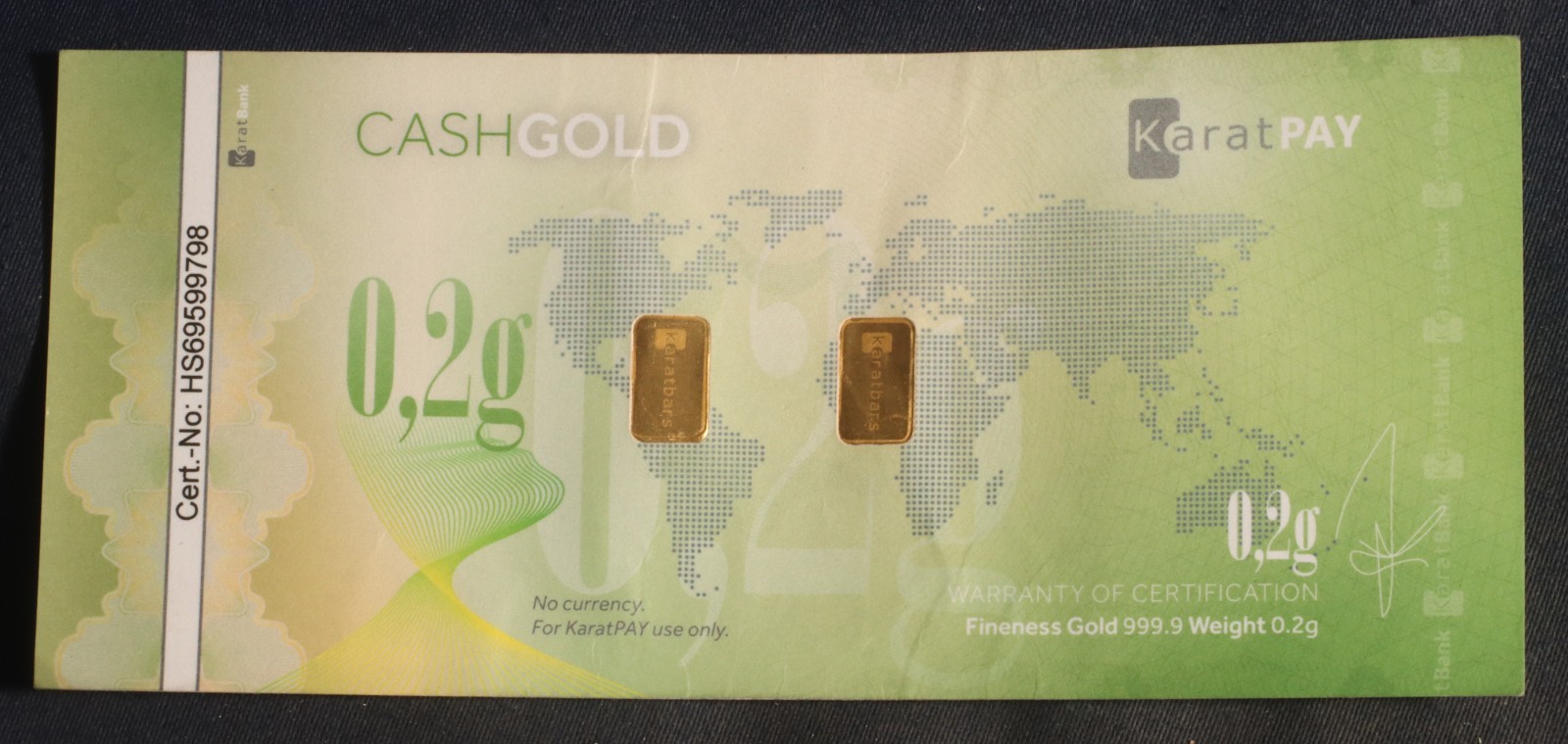 KARATBARS KARATPAY CASHGOLD .9999 FINE GOLD IN NOTES 1.3 GRAM (.1/.2/.4/.6)