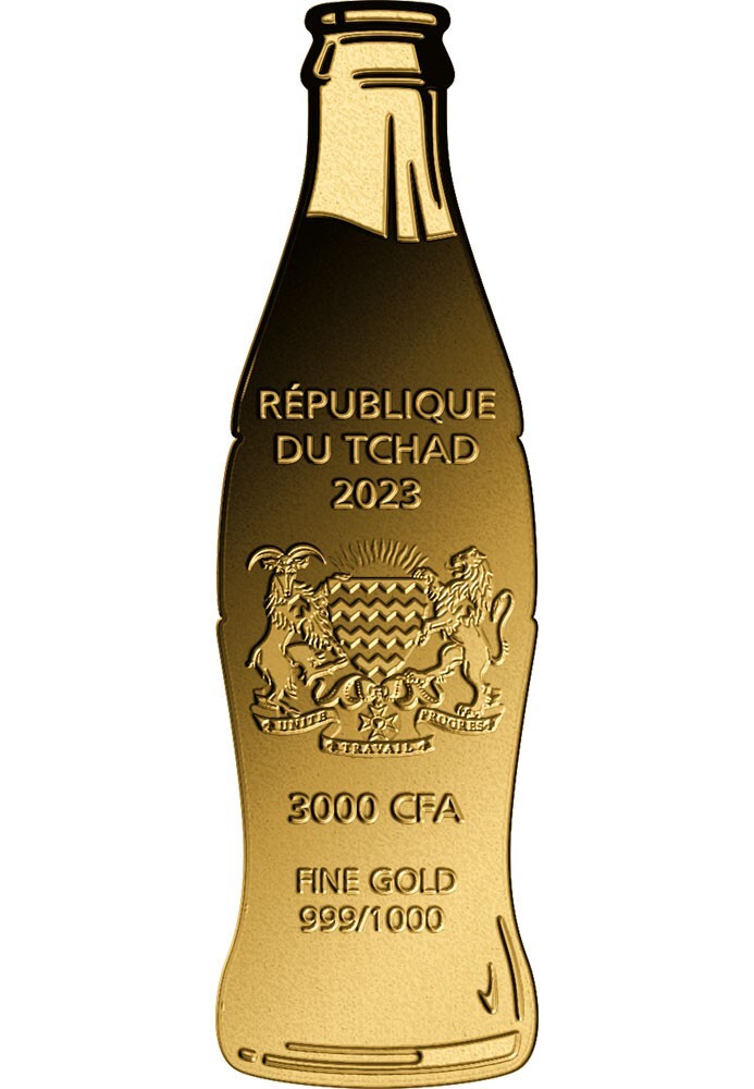 COCA COLA Bottle Shape 1/1000 Oz Gold 999 Coin card 3000 Francs Chad 2023