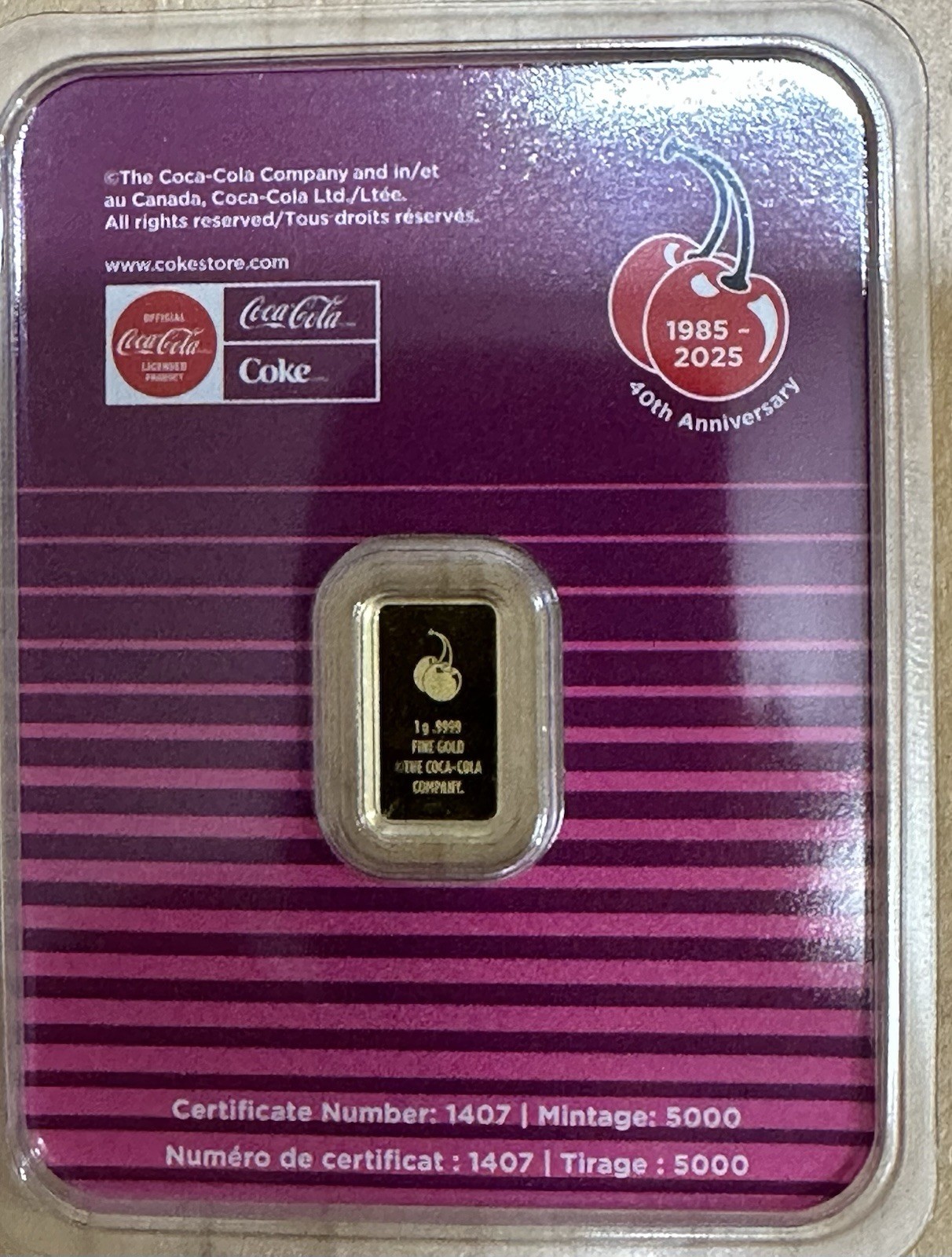 CHERRY COKE 1g 1 Gram .999 Gold Bar in TEP 40th Anniversary NEW Mintage 5000
