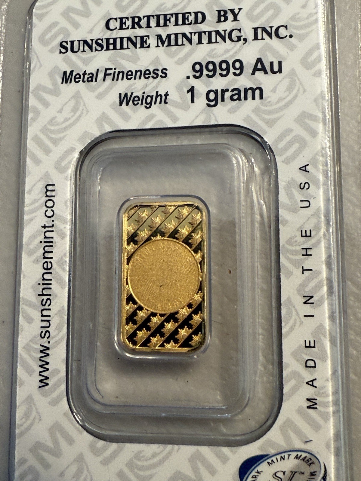 Sunshine Minting (SMI) 1 Gram 9999 Gold Bar-Sealed W Assay! W Security Feature🦅