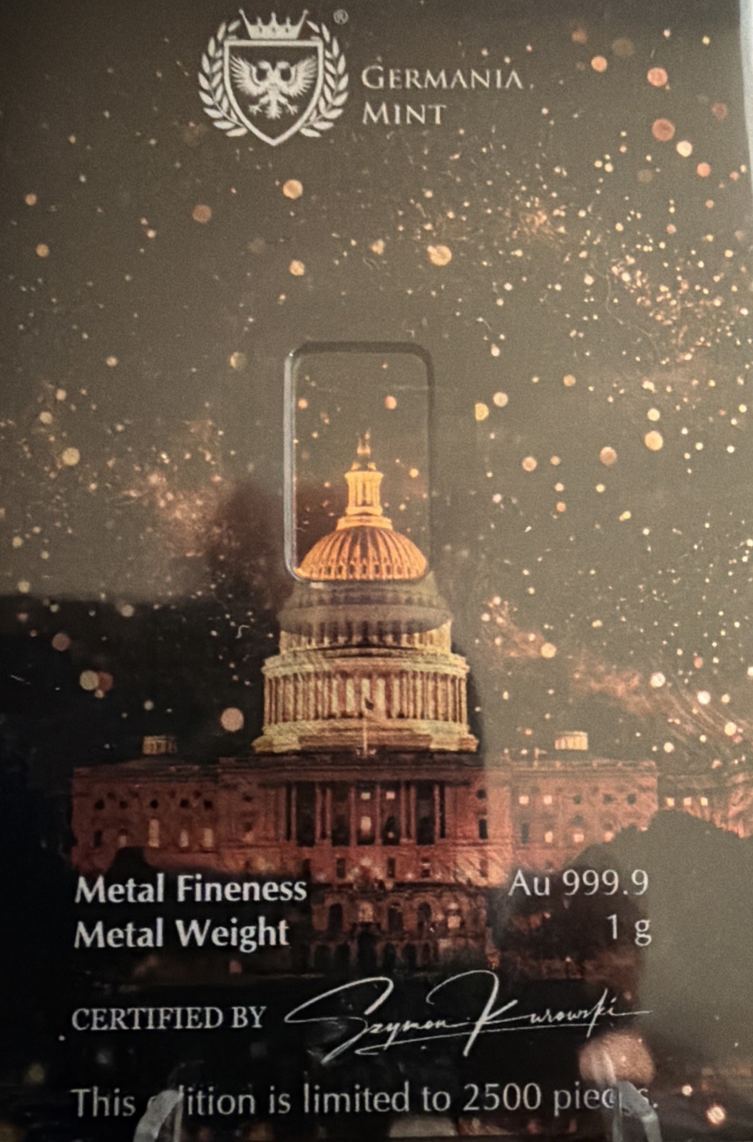 250 YEARS OF AMERICAN INDEPENDENCE – 1g Gold Bar by Germania Mint – LIMITED 2500