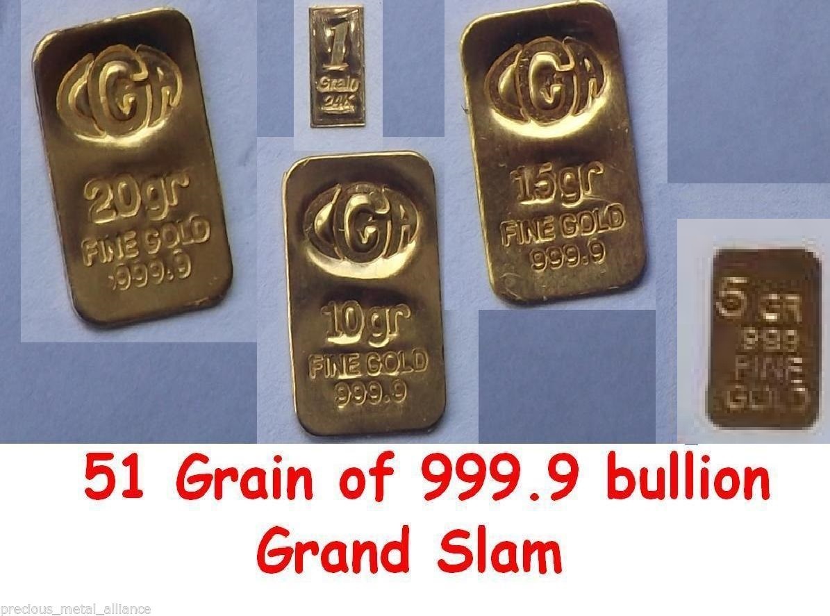 5 1 GRAlN 24K PURE 999.9 FINE CERTIFIED GOLD BAR BULLION GRAND SLAM SET