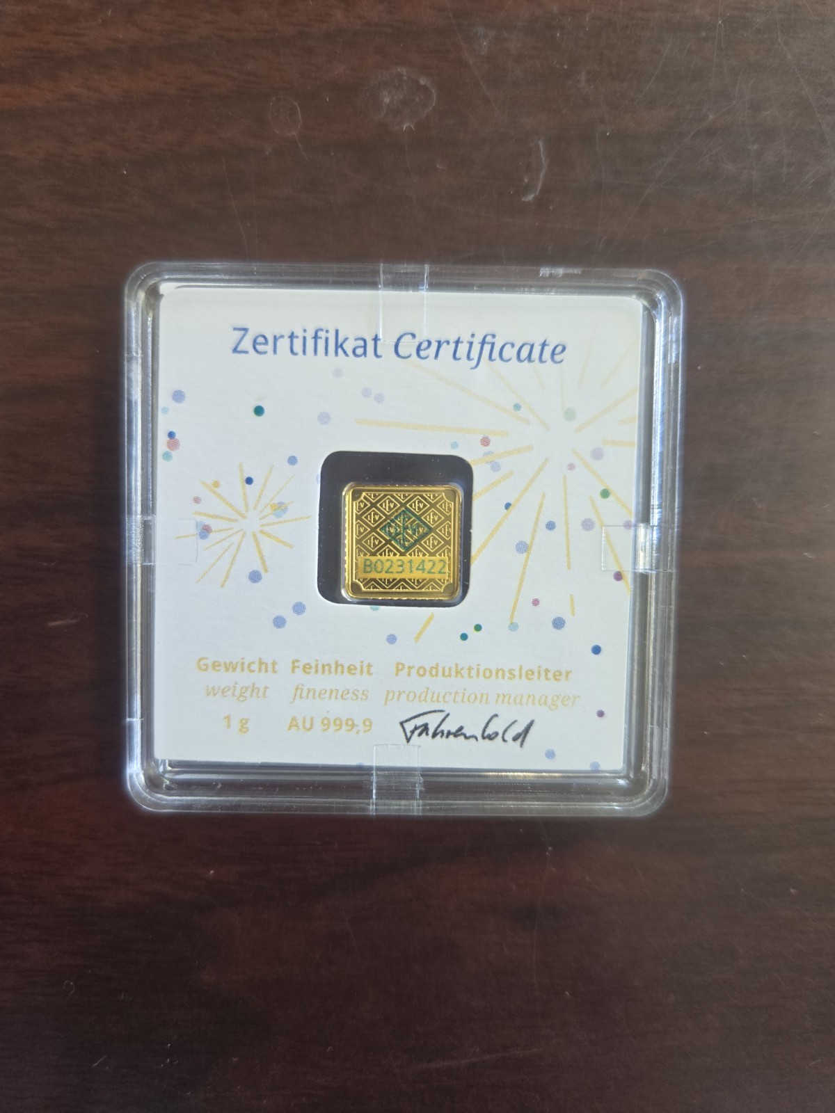 Geiger Edelmetalle Gold 1 Gram .999 Fine Square Germany Sealed