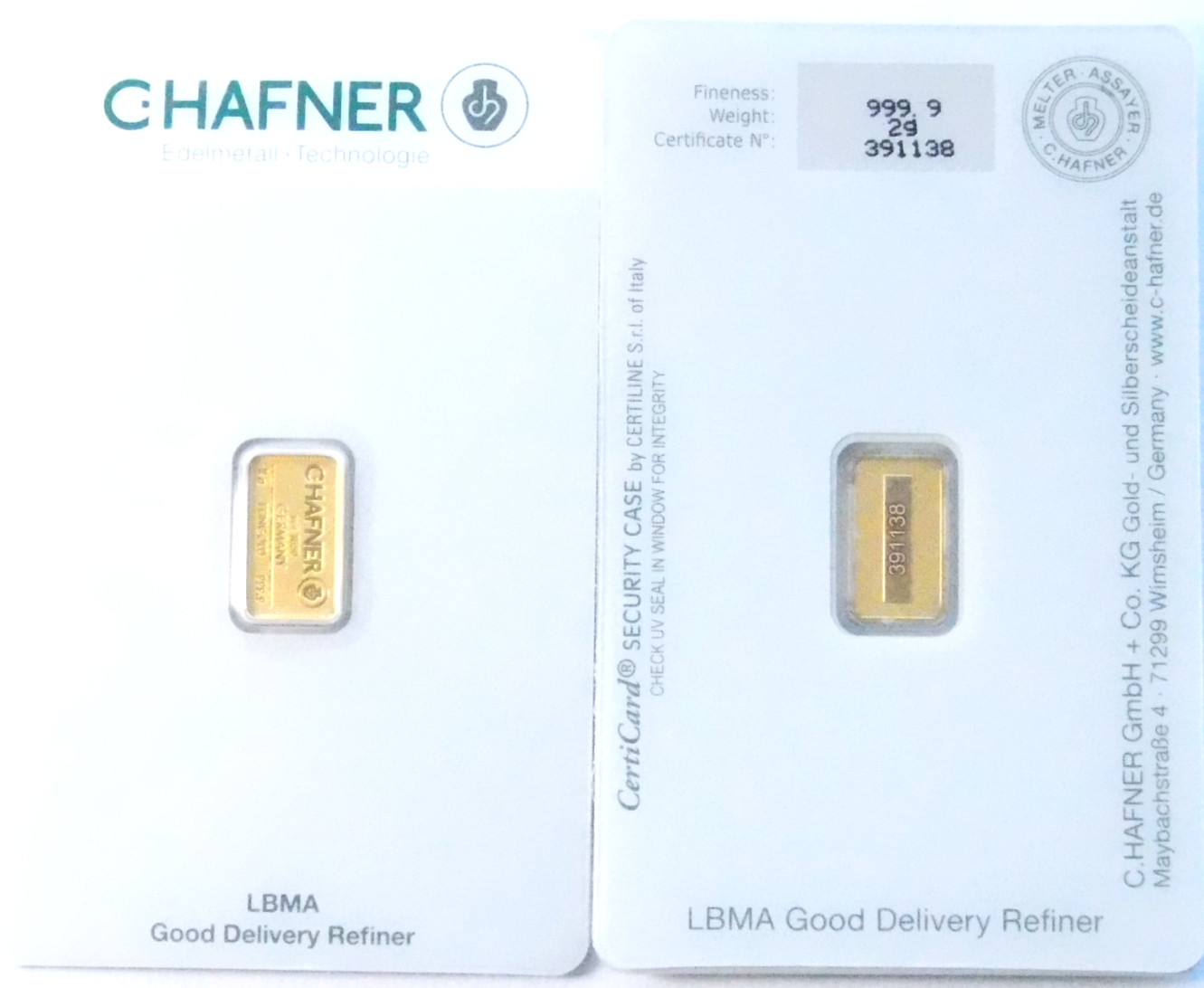 Gold Bar 2 Grams 999.9 C. HAFNER in Blister Card with Certificate 2g Gold