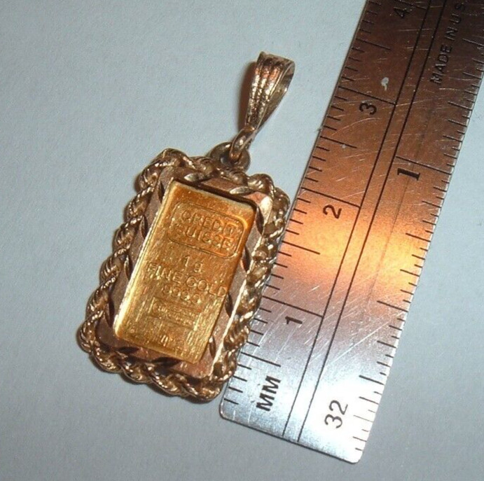 24K GOLD Credit Suisse 999.9 FINE INGOT BAR 14K ROPE BEZEL PENDANT CHAIN 2.73g