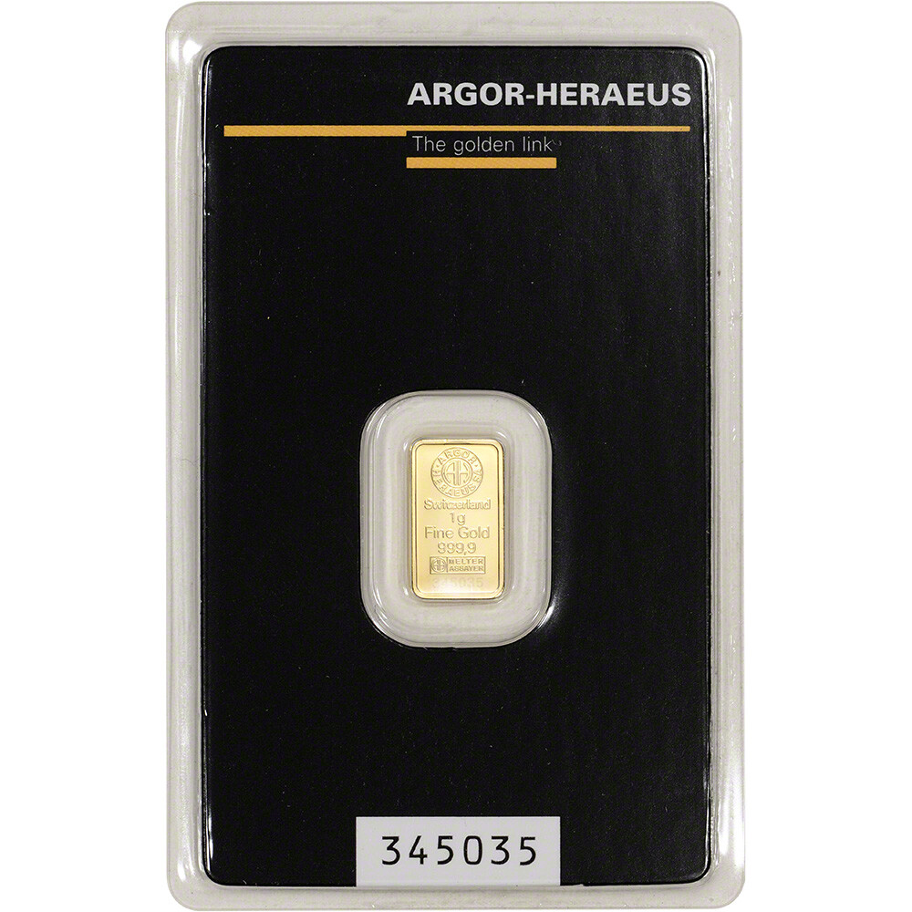 1 gram Gold Bar – Argor Heraeus – 999.9 Fine in Assay