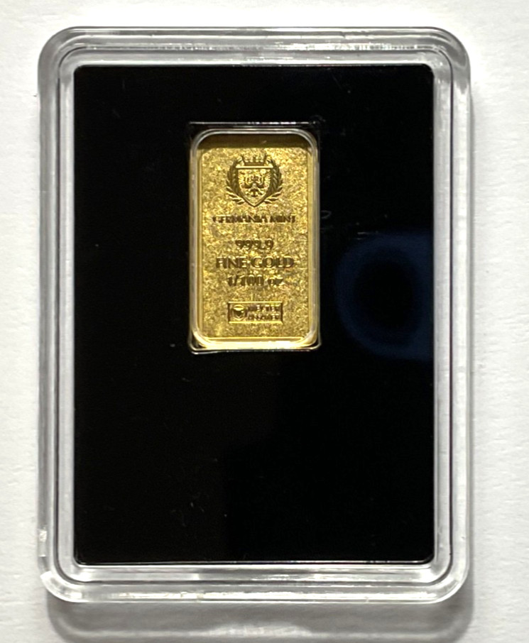 Germania Mint 1/100 oz Gold Bar in Plastic Capsule