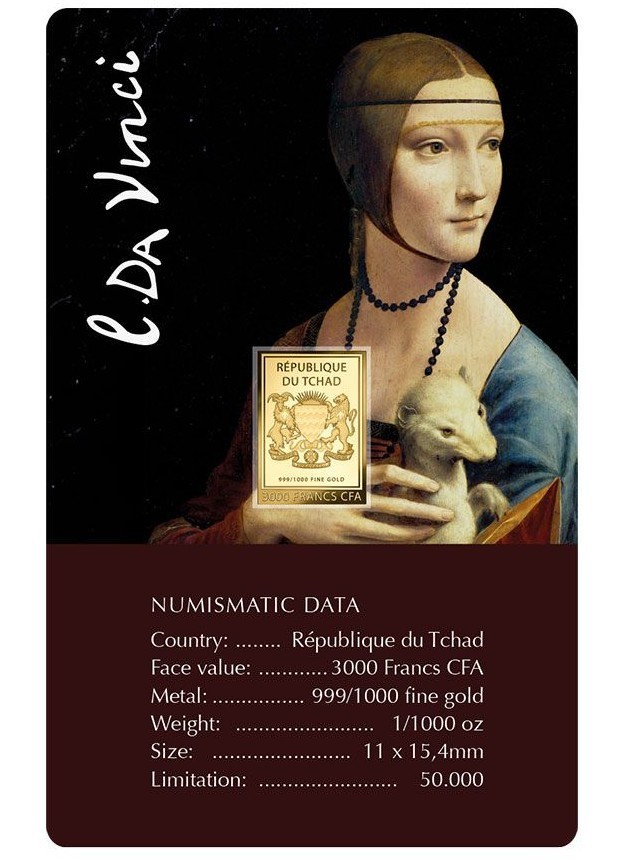 Da Vinci Lady with an Ermine 1/1000 Oz Gold 999 Coin card 3000 Francs Chad 2024