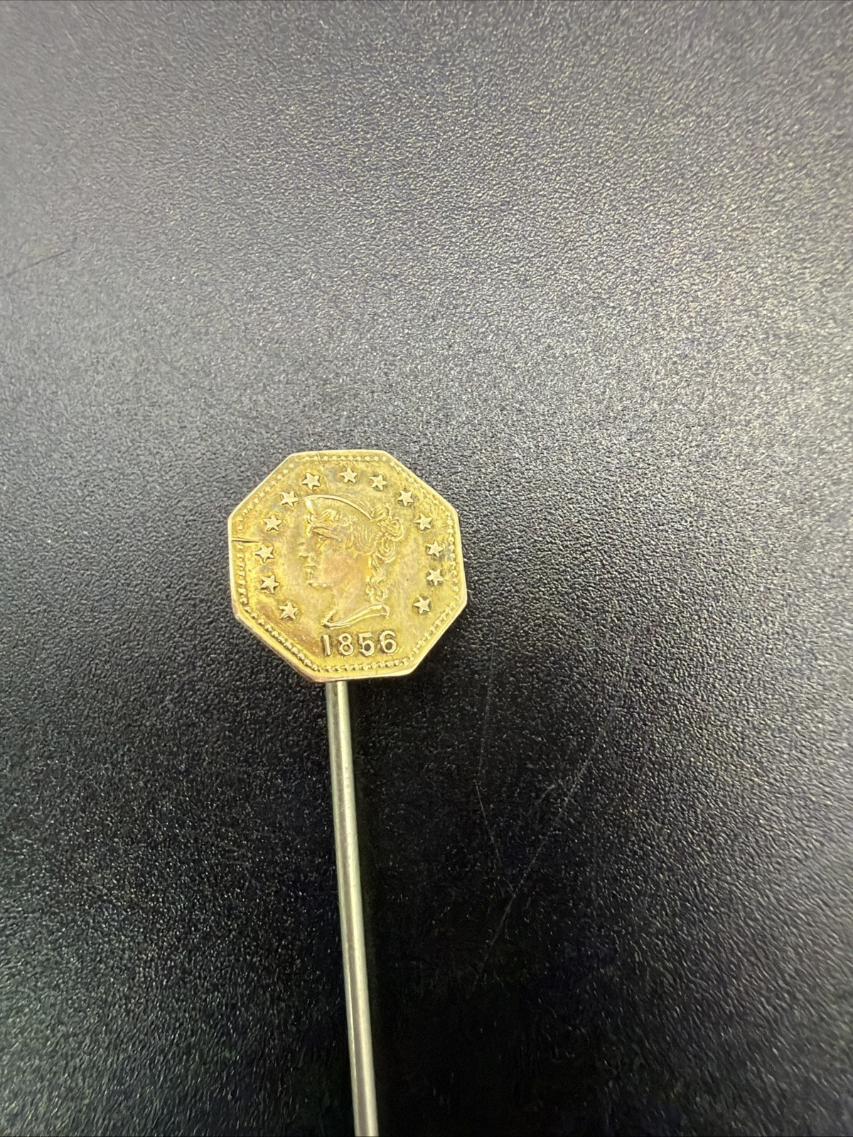 1856 – Liberty Head/Bear. 1/2 California Gold Fractional token octg lapel pin