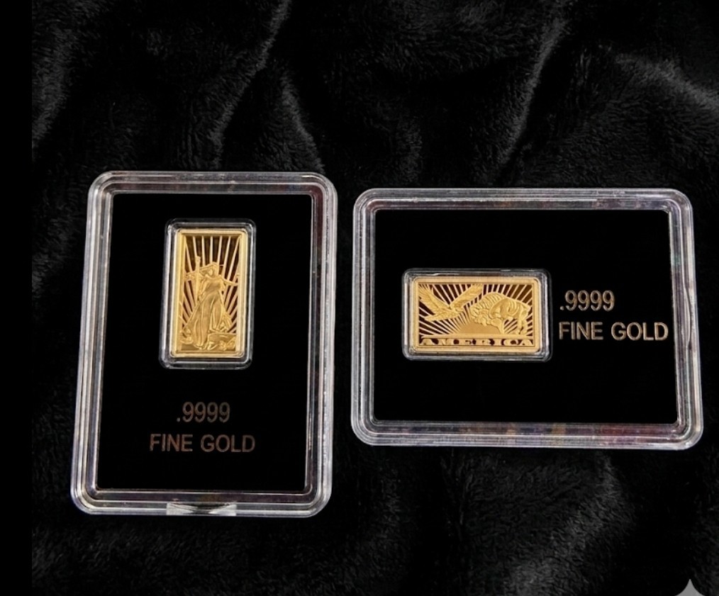 Lot of 2 – .9999 Fine Gold Bars In Assay Walking Liberty & Eagle Buffalo 1/50oz
