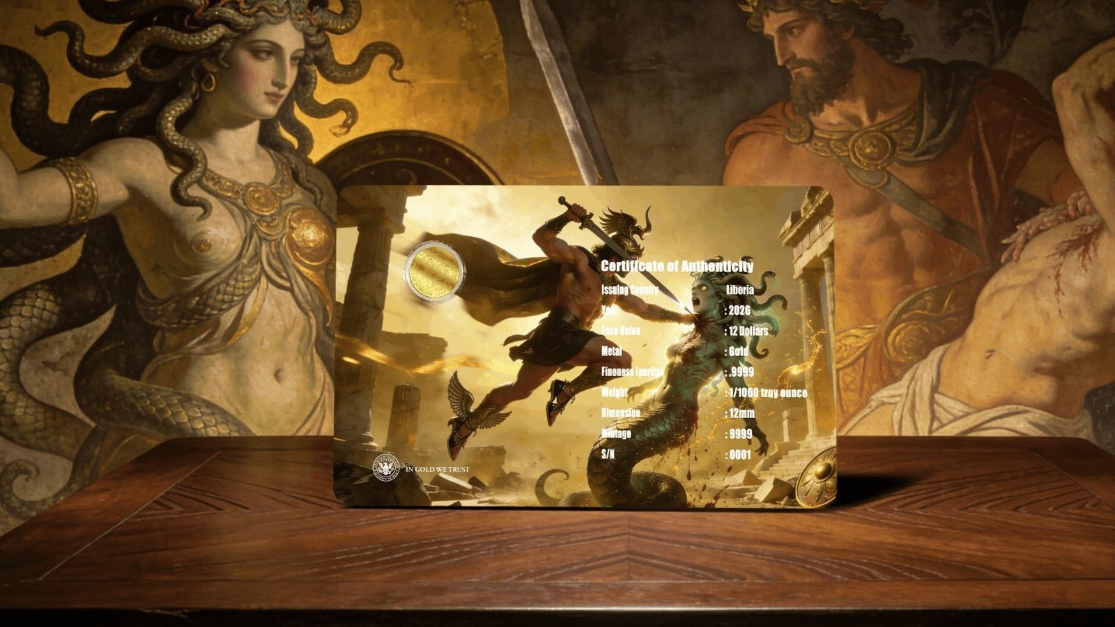 2026 Liberia Perseus 1/1000 oz Gold Coin in Card (9,999 Mintage)
