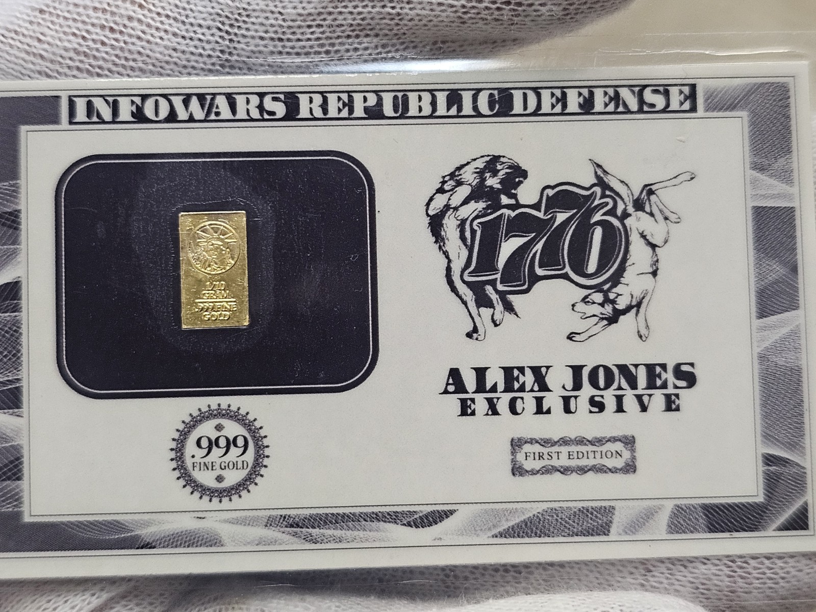 1/10 gram .999 Fine Gold Alex Jones “Infowars Republic Defense” 1776 card