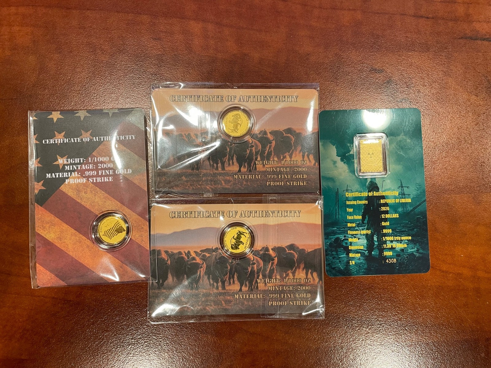 4 – 1/1000th oz. Fine Gold Rounds with COA