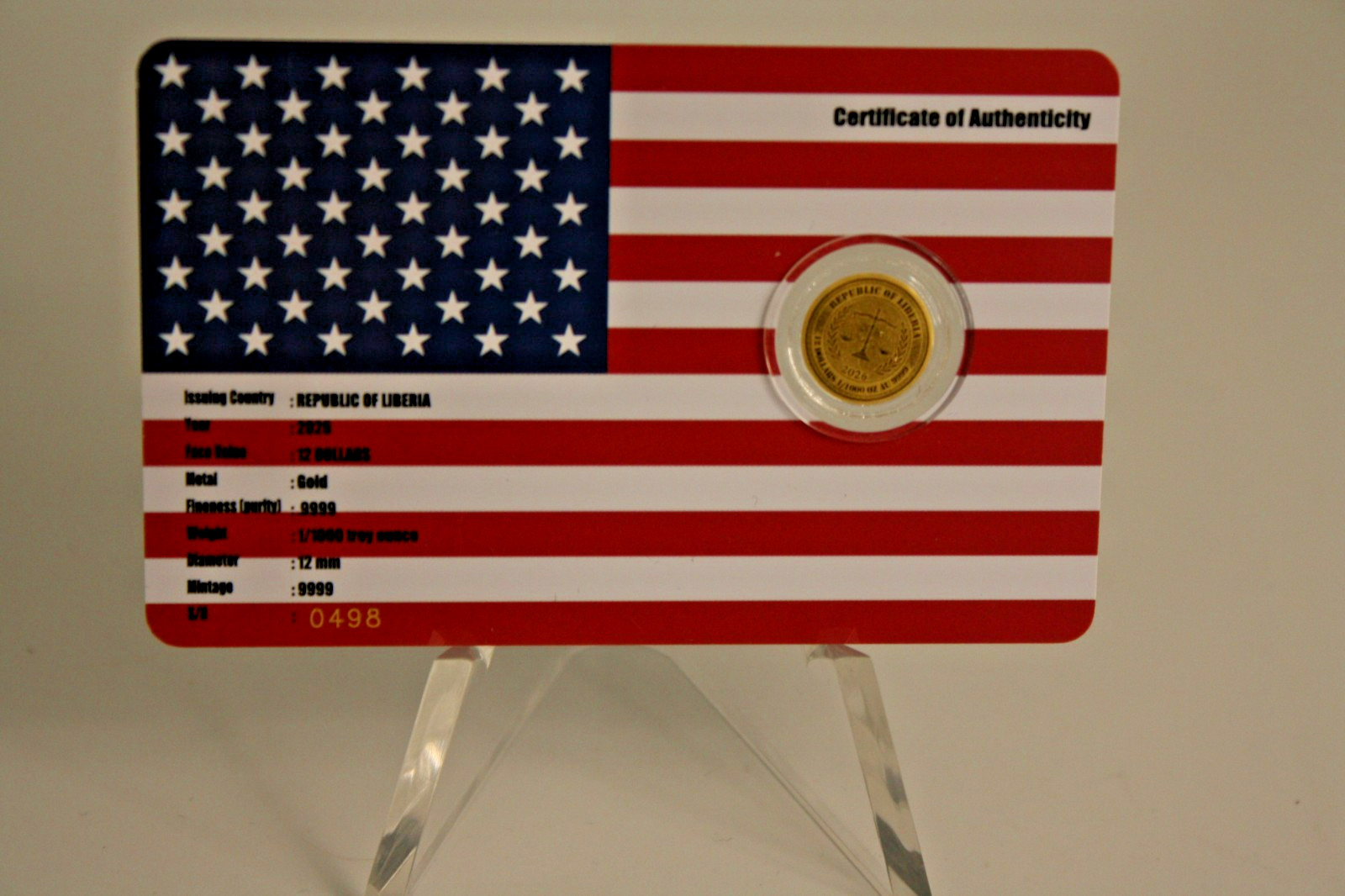 REPUBLIC OF LIBERIA 2026 12 DOLLAR GOLD 1/1000 OZT .9999 USA FLAG $100 BILL