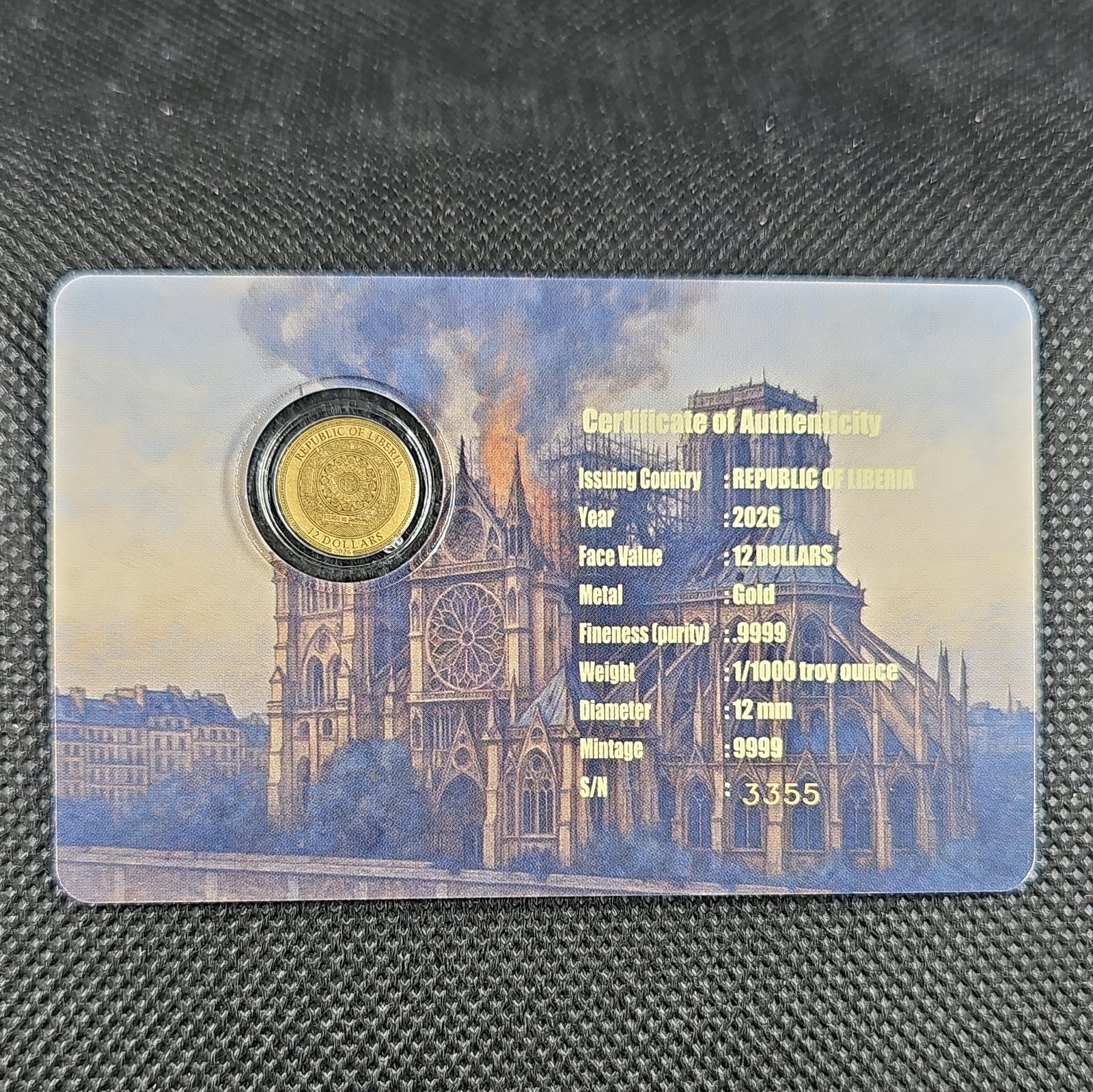 1/1000 oz 0.9999 Gold 2025 Liberia Notre Dame de Paris Coin in Card