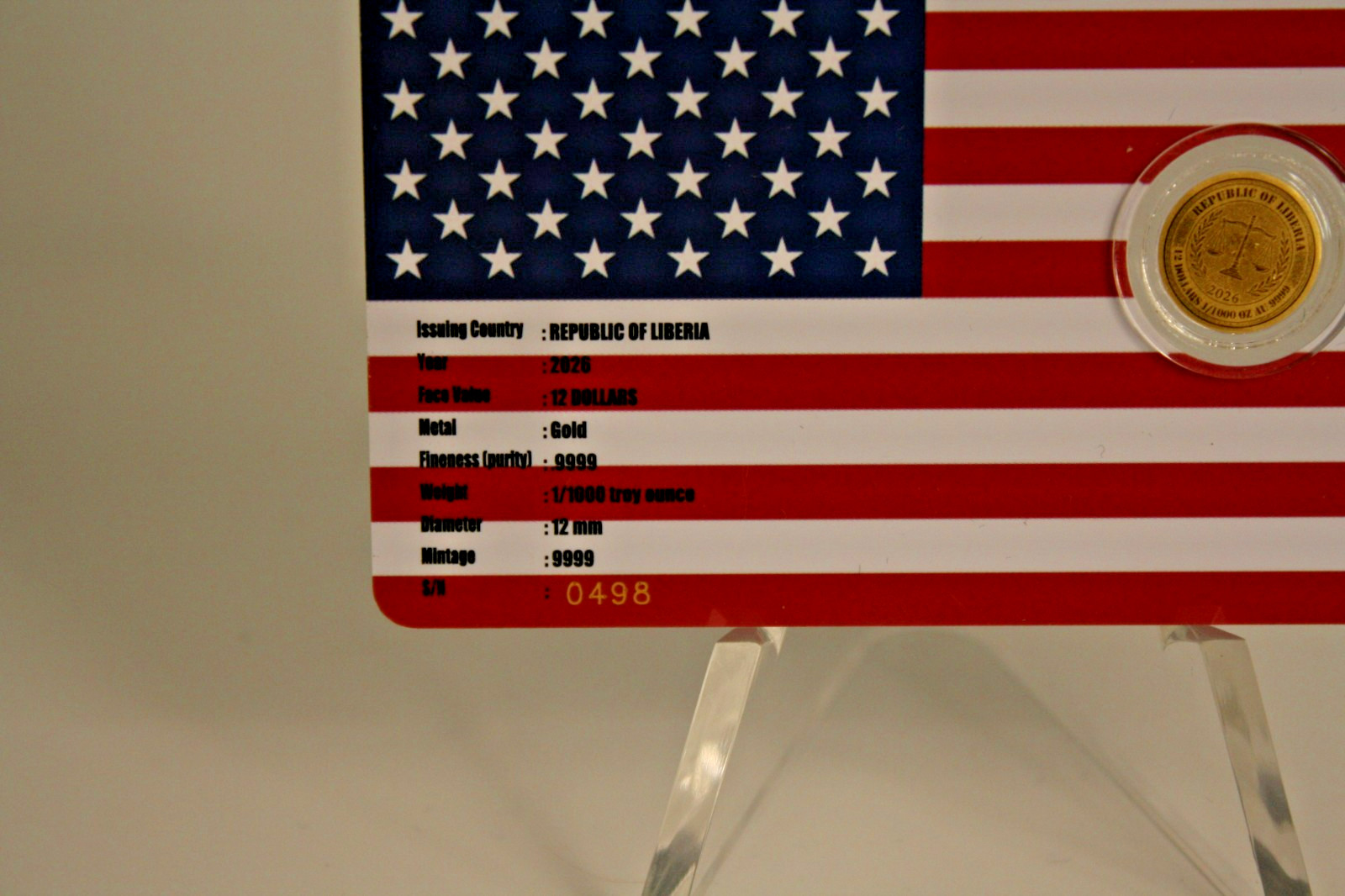 REPUBLIC OF LIBERIA 2026 12 DOLLAR GOLD 1/1000 OZT .9999 USA FLAG $100 BILL