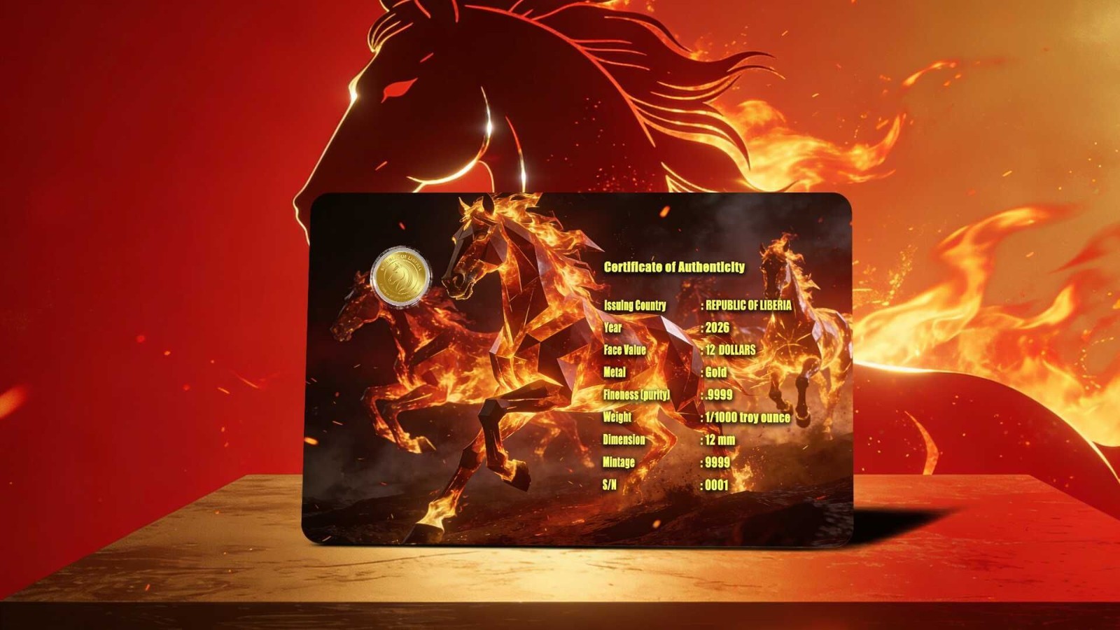 2026 Liberia Year of the Fire Horse 1/1000 oz Gold Coin in Card (9,999 Mintage)