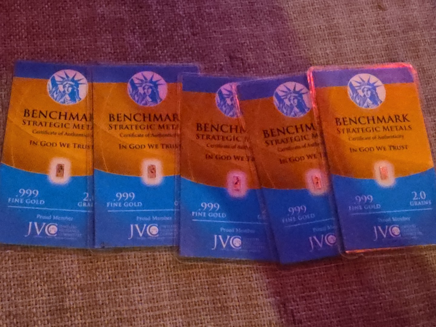 2 Grains (NOT GRAM) 24K PURE GOLD .999 FINE BENCHMARK STRATEGIC METALS Lot Of 5
