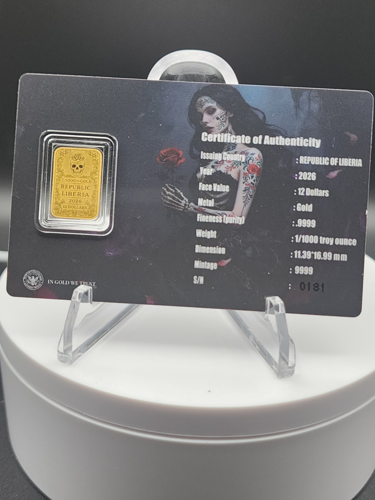 1/1000 oz Gold Bar Republic of Liberia 2026 Dia de los Muertos Roses .9999 Fine