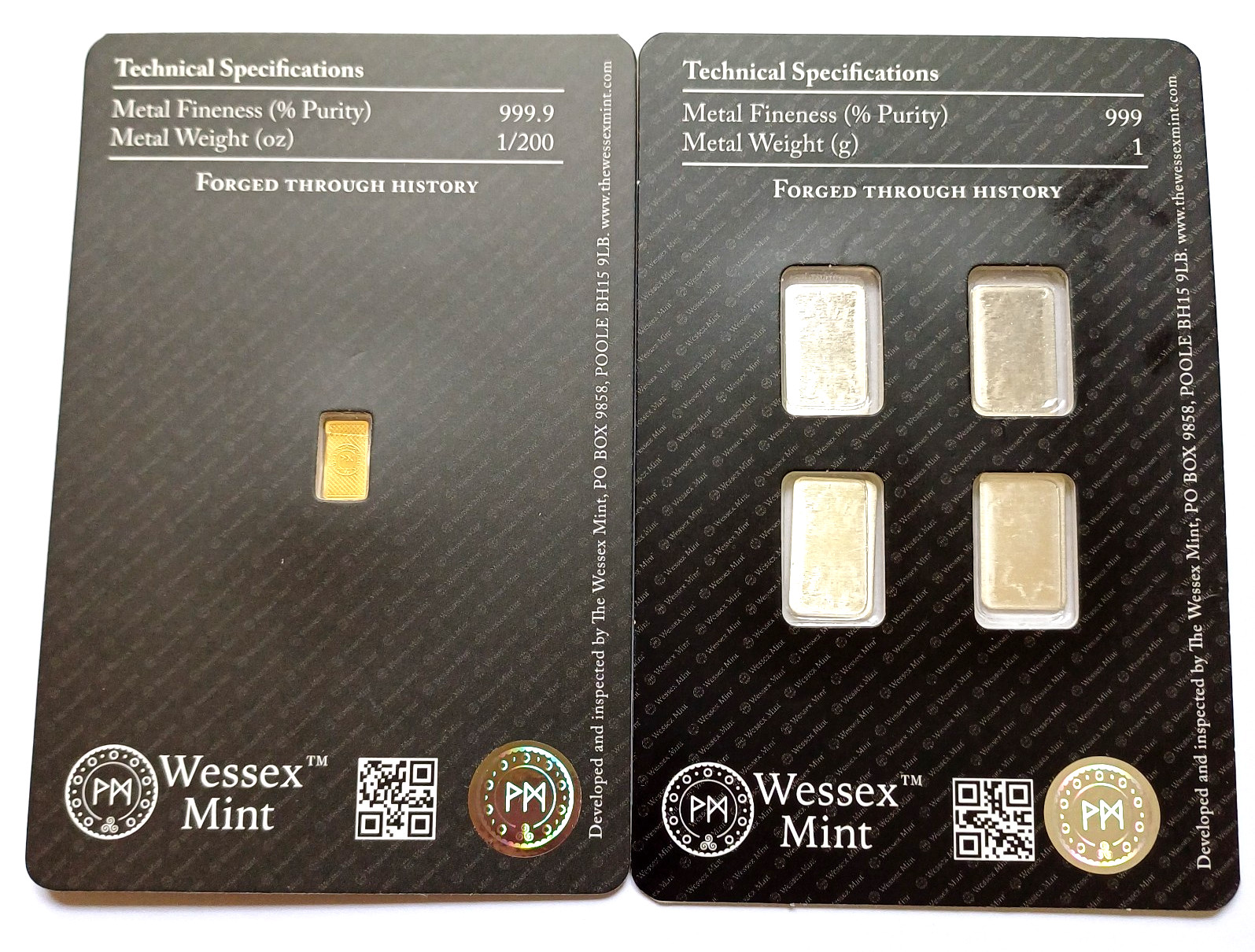 New Wessex Mint 1/200th oz Britannia Gold .999 Bar & Kangaroo x 4 1g Silver Bars