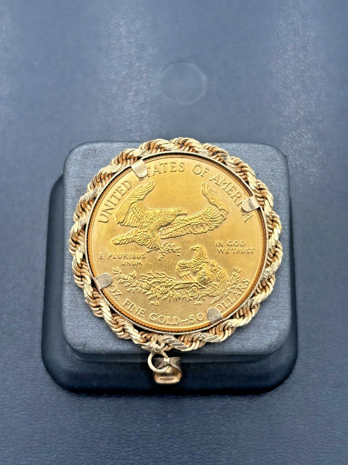 1986 P 1ozt. American Eagle Coin & 14kt Rope Style Bezel/Pendant with 5mm Bale