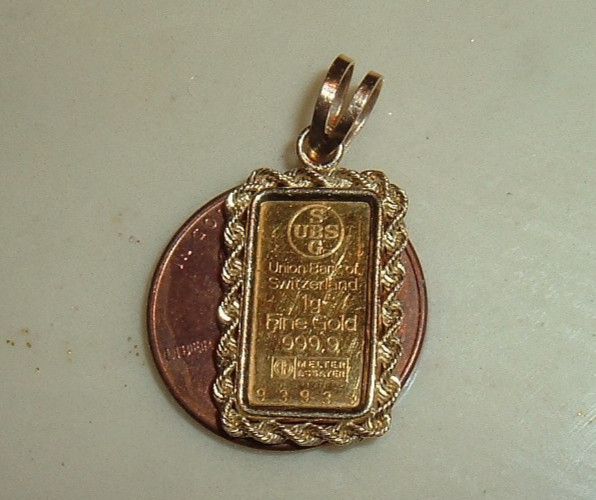 24K GOLD 999.9 FINE INGOT BAR BANK OF SWITZERLAND 14K ROPE BEZEL PENDANT 1.88g