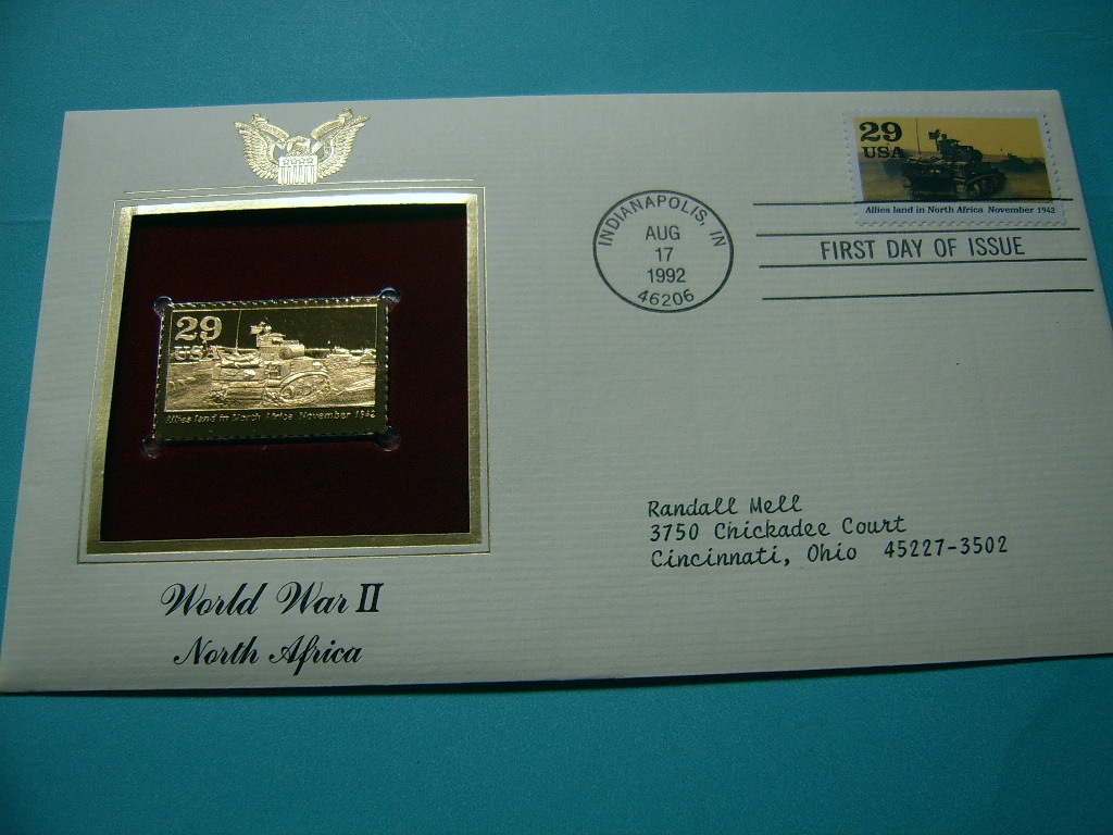 ALLIES LAND IN NORTH AFRICA TANK 1942 WORLD WAR II 22KT GOLD STAMP COMMEM #8