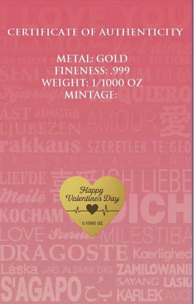 Happy Valentine’s Day 1/1000 oz Shaped Gold in Card