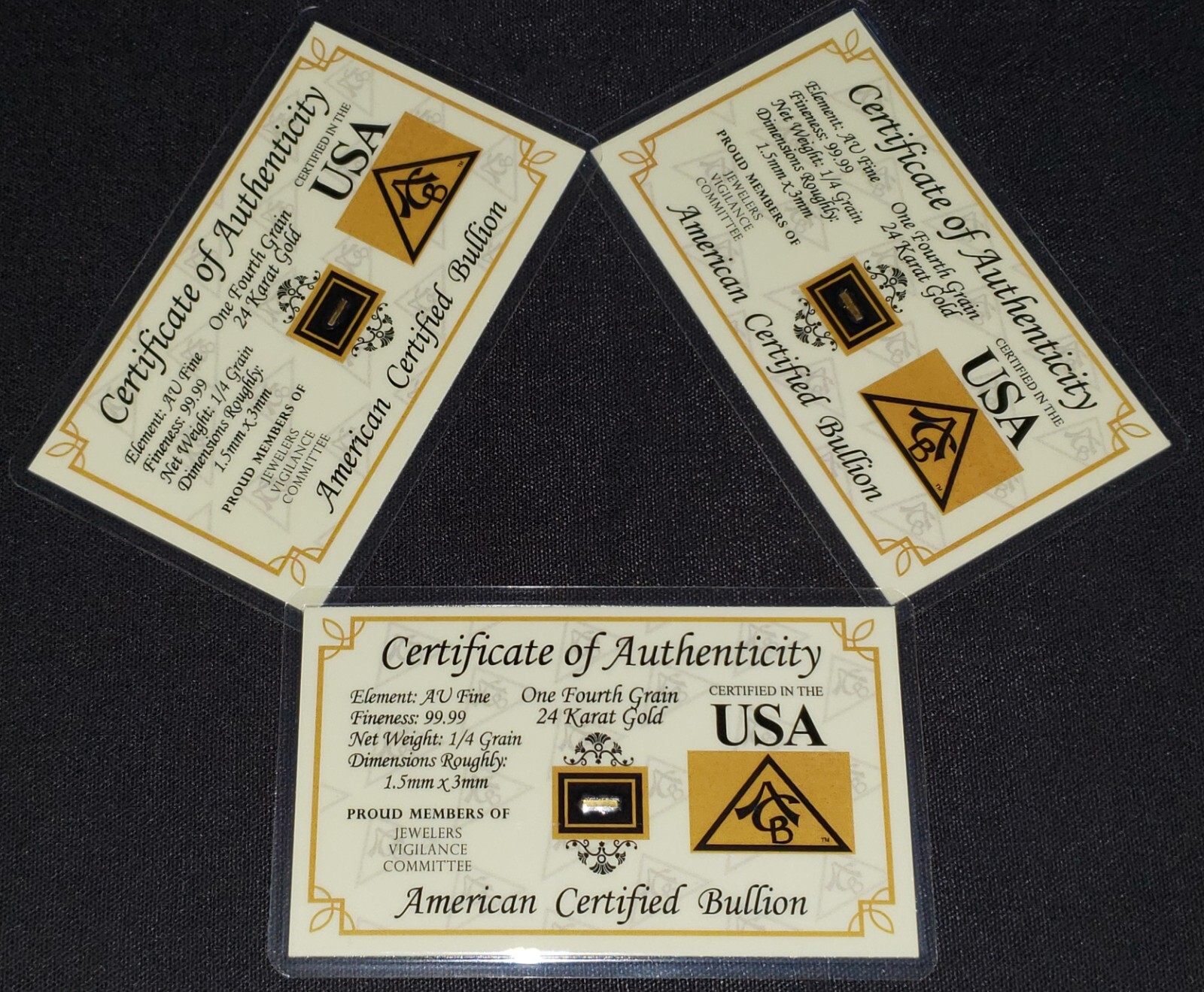 GOLD x3 ACB 1/4GRAIN 24K SOLID BULLION MINTED BAR 9999 FINE CERT/AUTHENTICITY~