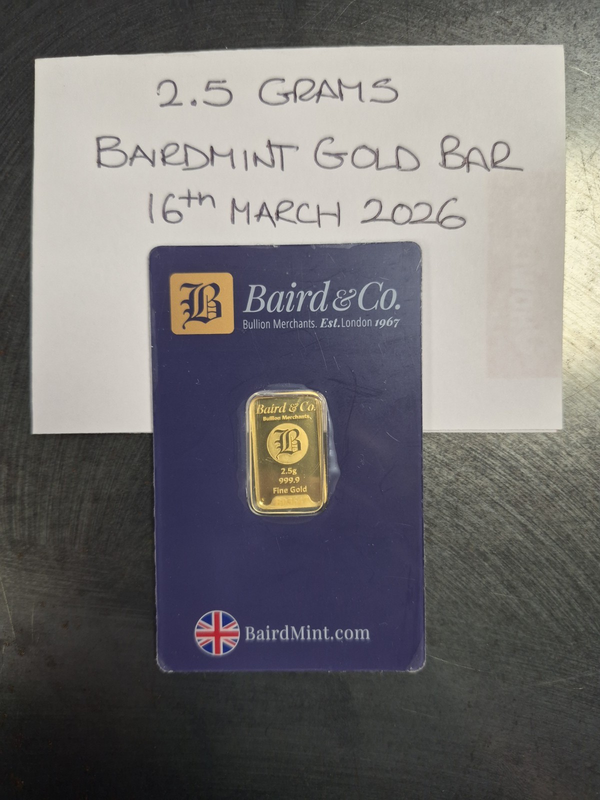 BAIRDMINT 2.5 GRAM SOLID GOLD BAR IN TAMPER PROOF CERTICARD (1 PIECE)