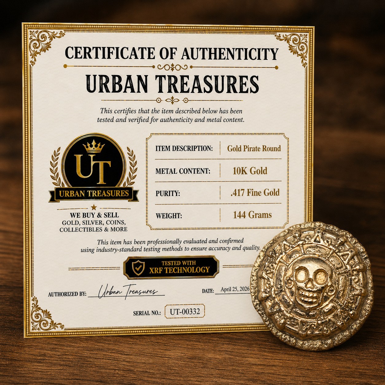 144g (.417) 10K Gold Round Aztec Skull Pirate Coin Hand Poured Collectible