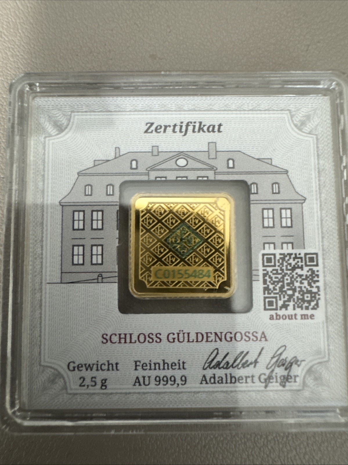 Geiger Edelmetalle 2.5g Gold Premium Square Bar .9999 Fine Assay In Capsule New