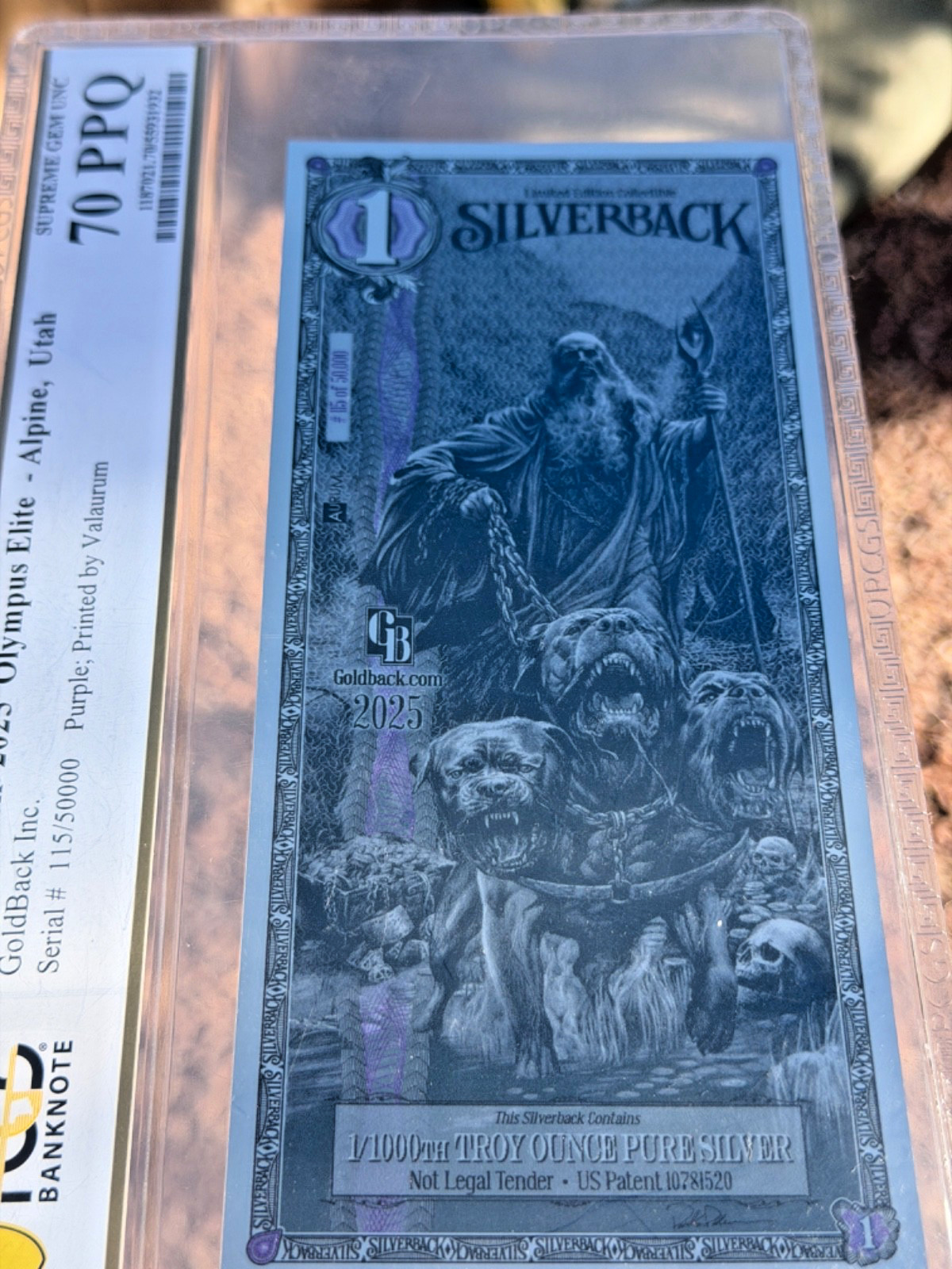 PCGS Silverback Hades Olympus, .999 PURE Silver 1/1000 Troy oz., Purple GEM #115