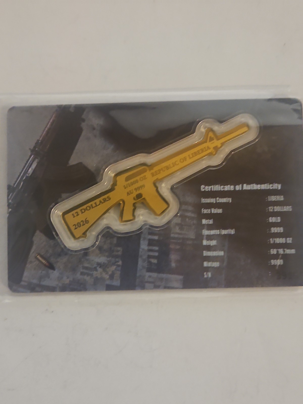 2026 Liberia M16 Gun Shaped 1/1000 oz .9999 Gold Coin in Card- Mintage of 9999