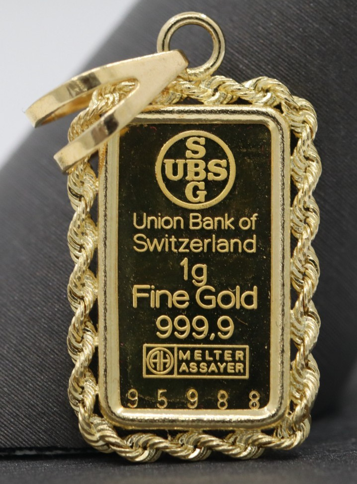 Union Bank of Switzerland 1g 999.9 Fine Gold #95988 Bar in 14k Pendant w/ COA
