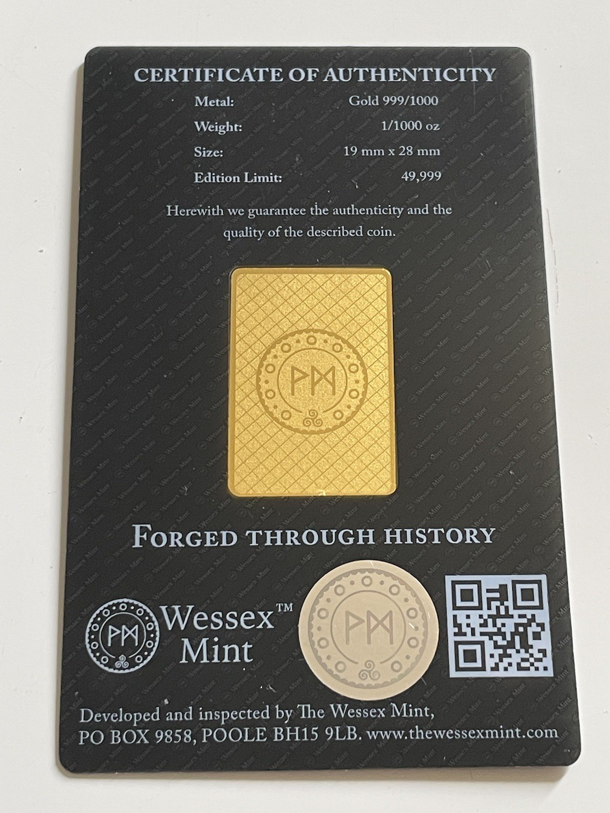 Wessex Mint 1/1000th Fine 999.9 Gold Bullion Bar Eagle Design With COA