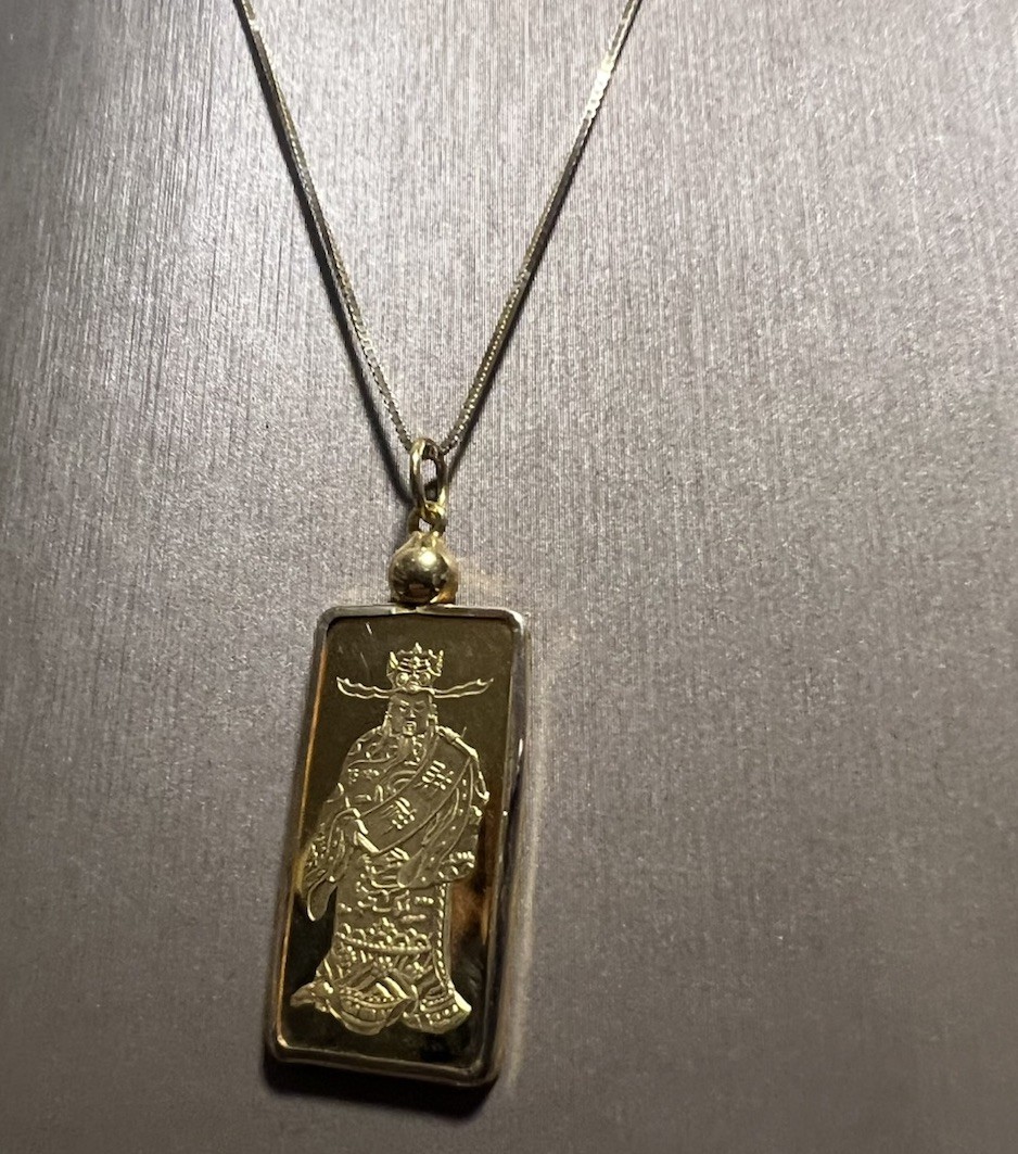 VINTAGE HANG SENG BANK ROYAL MINT 9999 GOLD BAR PENDANT & 14K BOX CHAIN NECKLACE