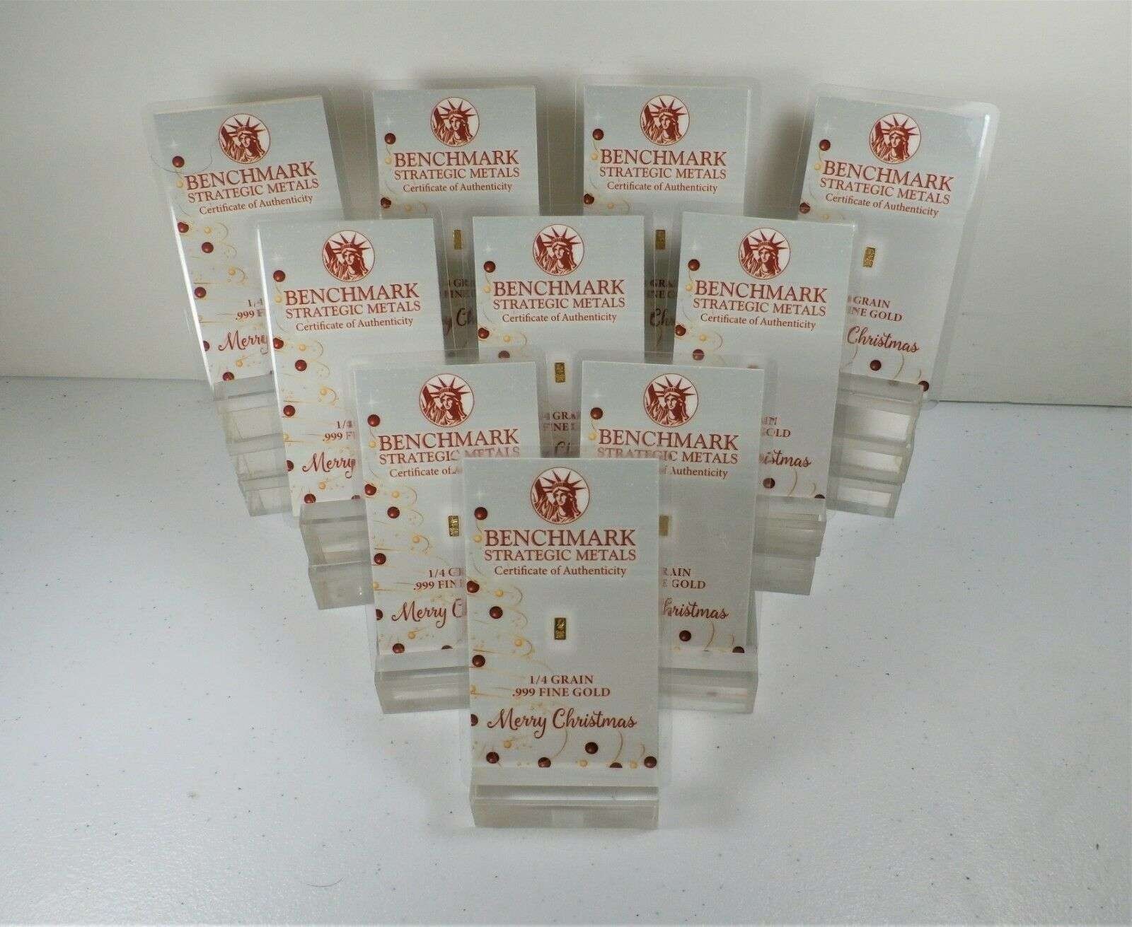 1/60 Gram 10 Pack lot .999 Pure Fine 24k Gold Christmas Bar White Christmas Tree