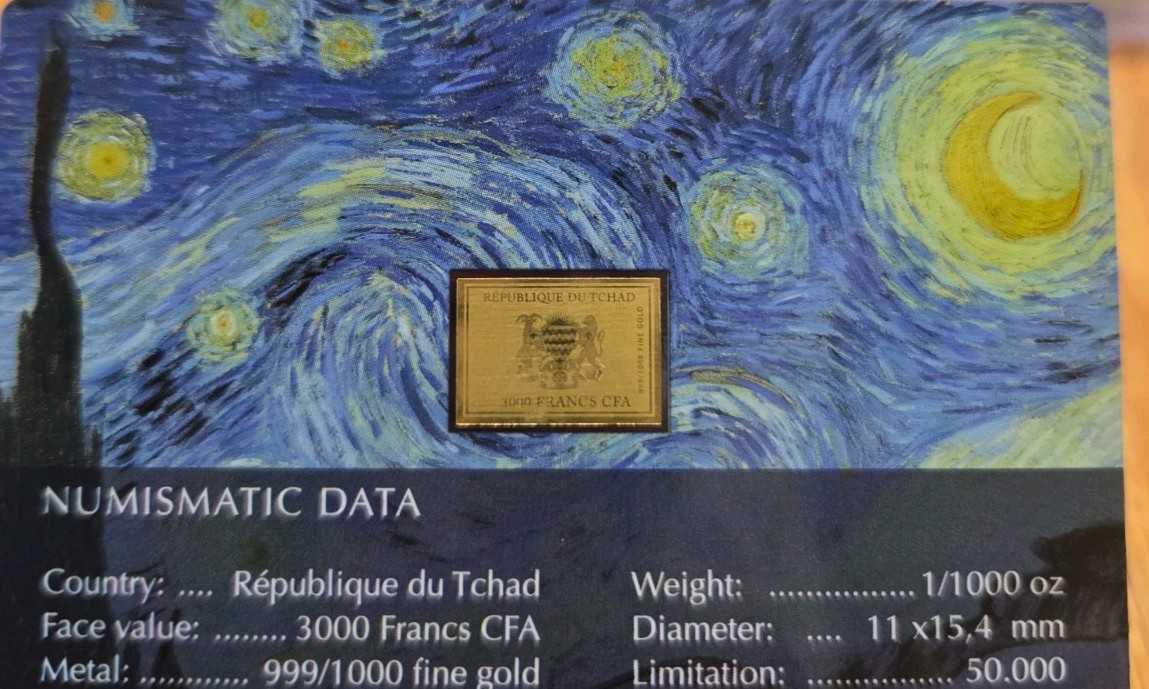 2025 Vincent Van Gogh Starry Night 1/1000Oz .999 Gold Coin card 3000 Francs Chad