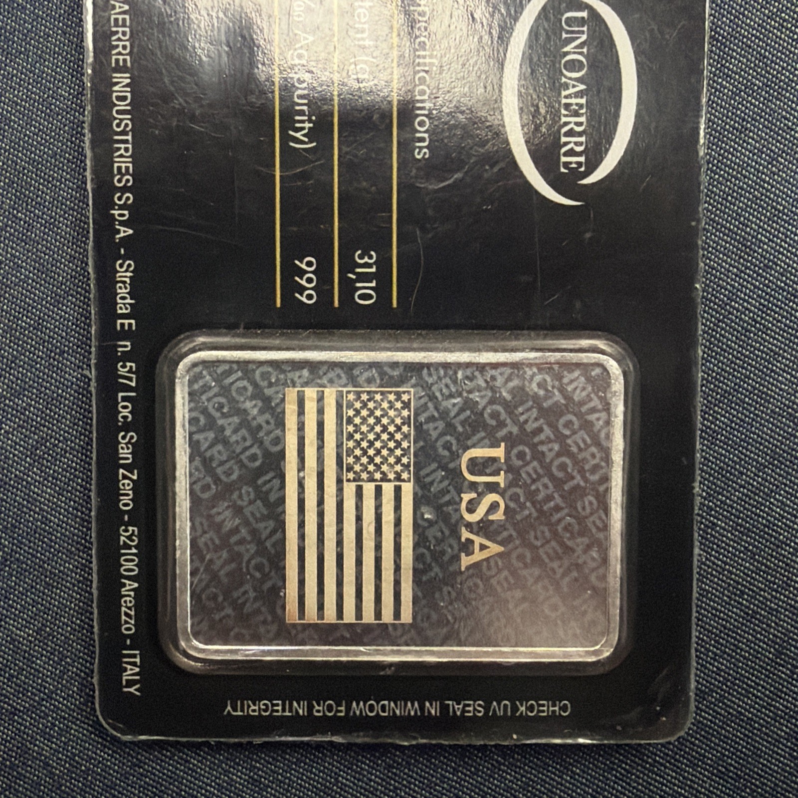 Rare Vintage 1 Ounce Silver bar In Assay Card Unoaerre Factory Sealed / Italy