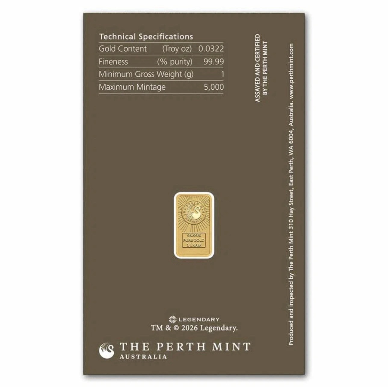 Dune 1 Gram Pure Gold Coloured Bar in Assay Card Perth Mint